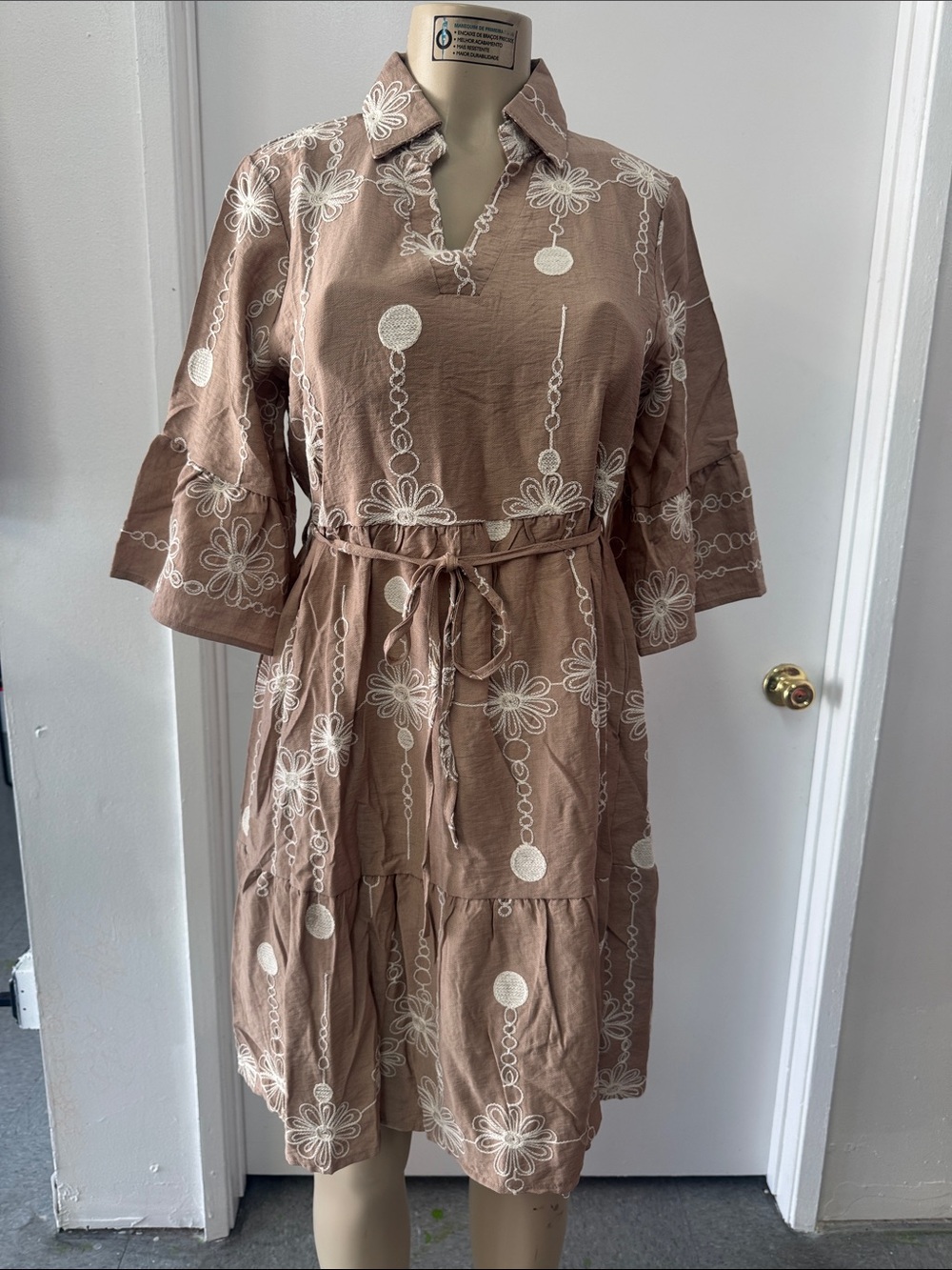 Tiered Midi Shirt Dress with White Floral Embroidery - Tan